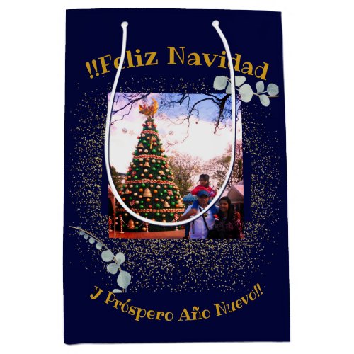 Watercolor Eucalyptus Modern Feliz Navidad Glitter Medium Gift Bag