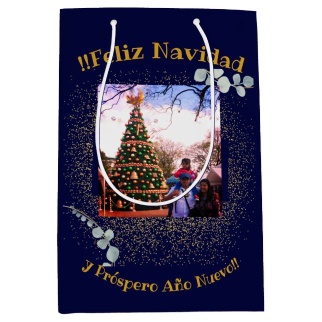 Watercolor Eucalyptus Modern Feliz Navidad Glitter Medium Gift Bag (Front)