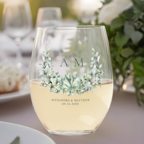 Watercolor Eucalyptus Monogram Wedding Stemless Wine Glass