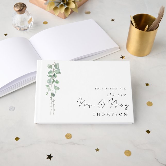 Watercolor Eucalyptus New Mrs Mrs Name Wedding  Guest Book (Front Open)