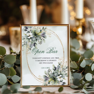 Watercolor Eucalyptus Open Bar Sign Green Gold