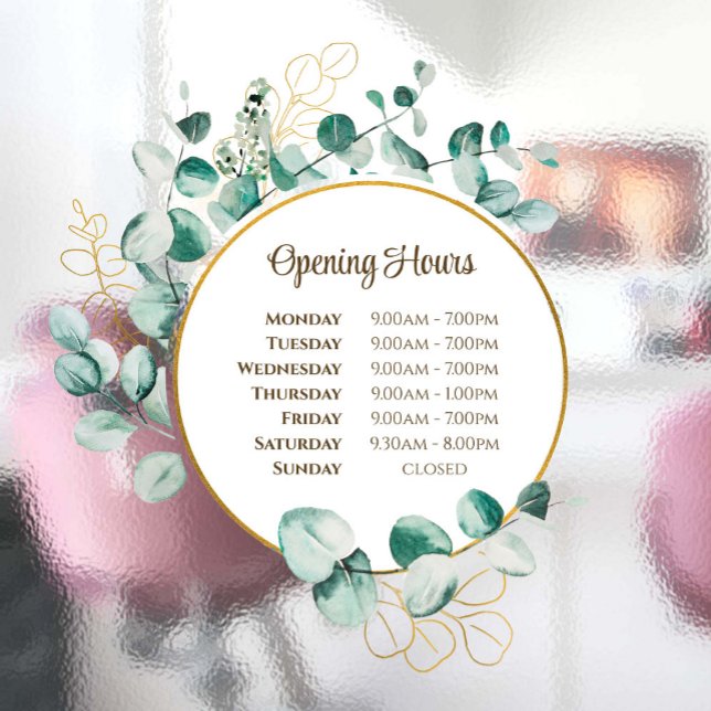 Watercolor Eucalyptus Opening Hours Window Cling (Creator Uploaded)