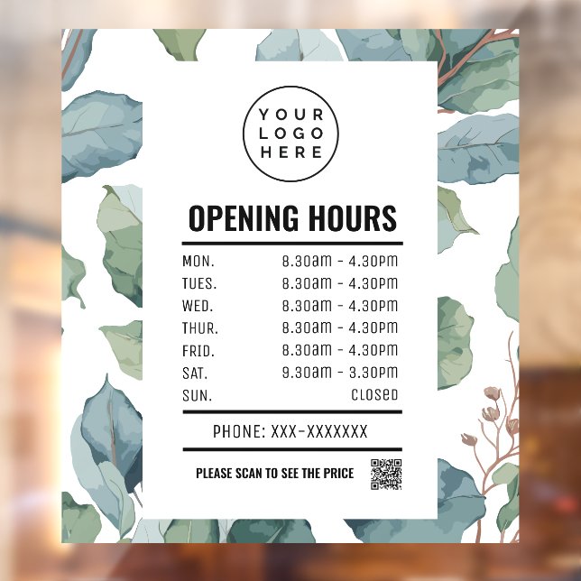 Watercolor Eucalyptus Opening Times  Window Cling (Sheet 2)