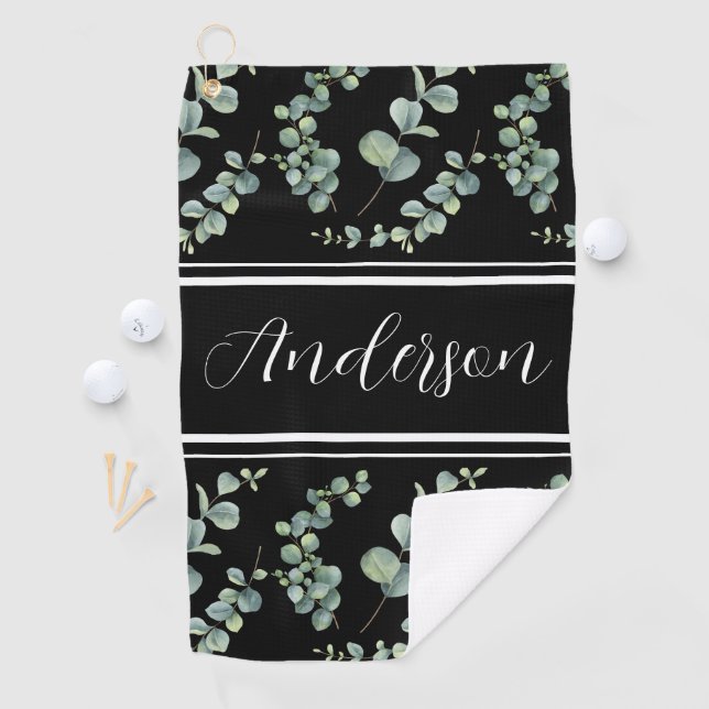 Watercolor Eucalyptus Pattern and White Monogram Golf Towel (InSitu)
