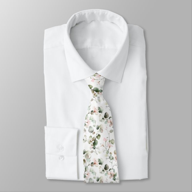 Watercolor Eucalyptus Pattern Neck Tie (Tied)