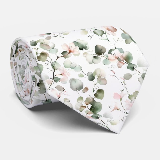 Watercolor Eucalyptus Pattern Neck Tie (Rolled)