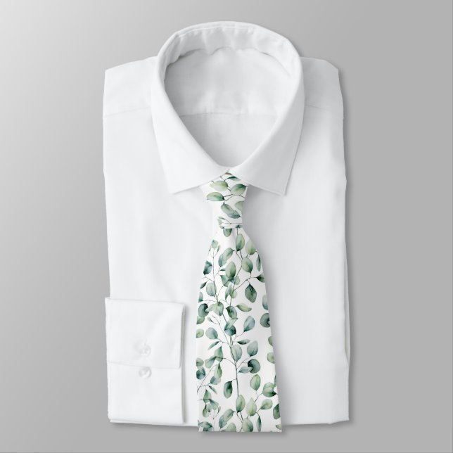 Watercolor Eucalyptus Pattern Neck Tie (Tied)