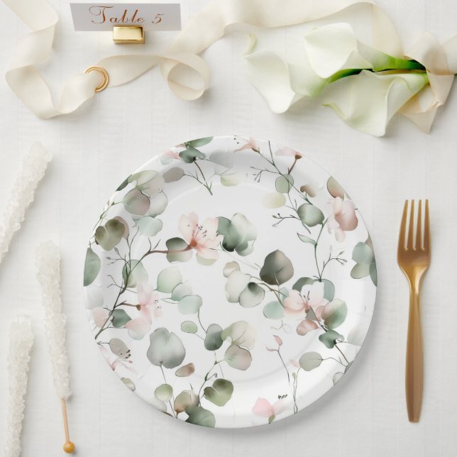 Watercolor Eucalyptus Pattern Paper Plates (Wedding)