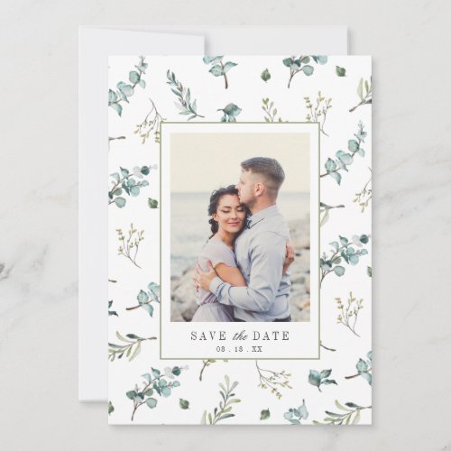 Watercolor Eucalyptus Pattern Photo Wedding Save The Date