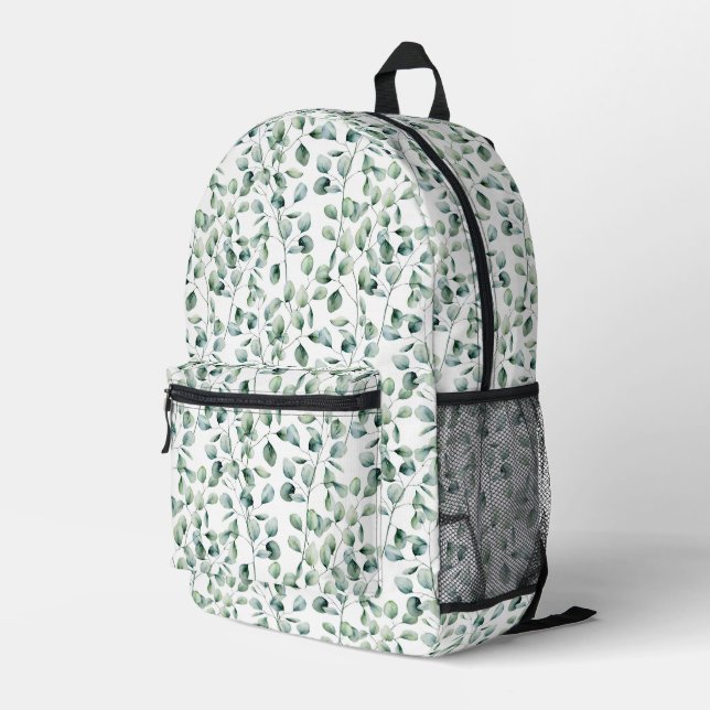 Watercolor Eucalyptus Pattern Printed Backpack (Back Corner Right)