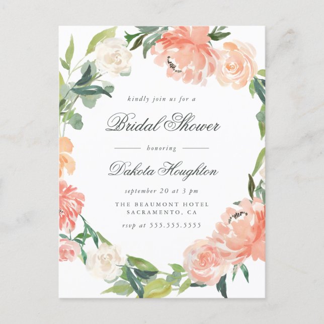 Watercolor Eucalyptus & Peonies Bridal Shower Invitation Postcard (Front)