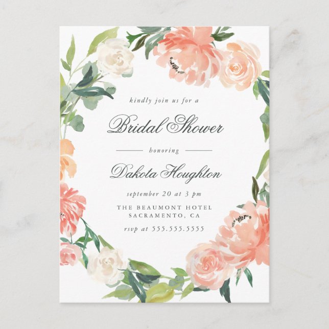 Watercolor Eucalyptus & Peonies Bridal Shower Invitation Postcard (Front)