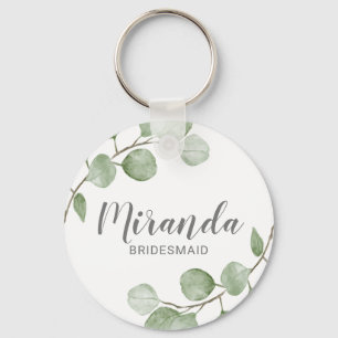 Watercolor Eucalyptus Personalized Bridesmaid Name Keychain