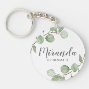 Watercolor Eucalyptus Personalized Bridesmaid Name Keychain