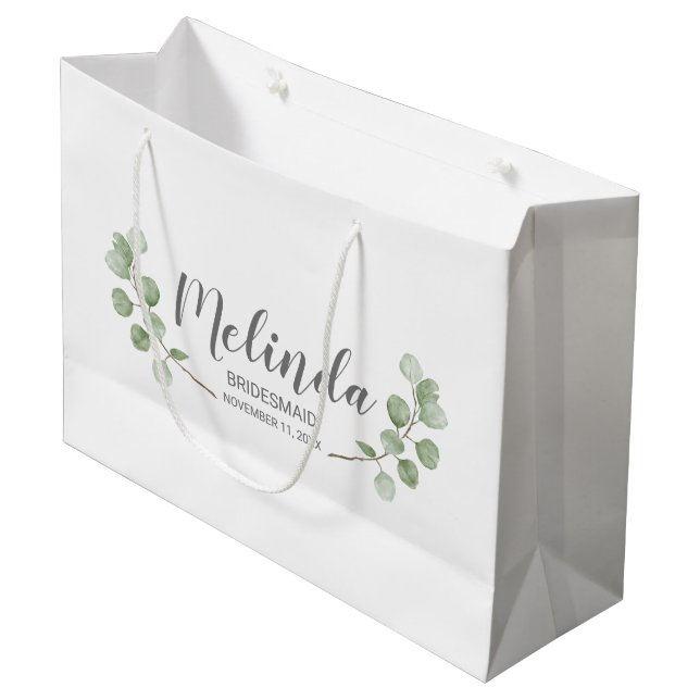 Watercolor Eucalyptus Personalized Bridesmaid Name Large Gift Bag (Front Angled)