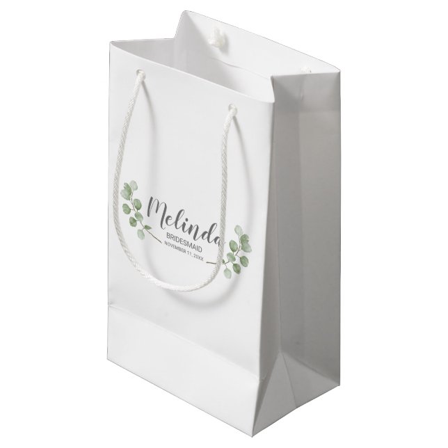 Watercolor Eucalyptus Personalized Bridesmaid Name Small Gift Bag (Front Angled)