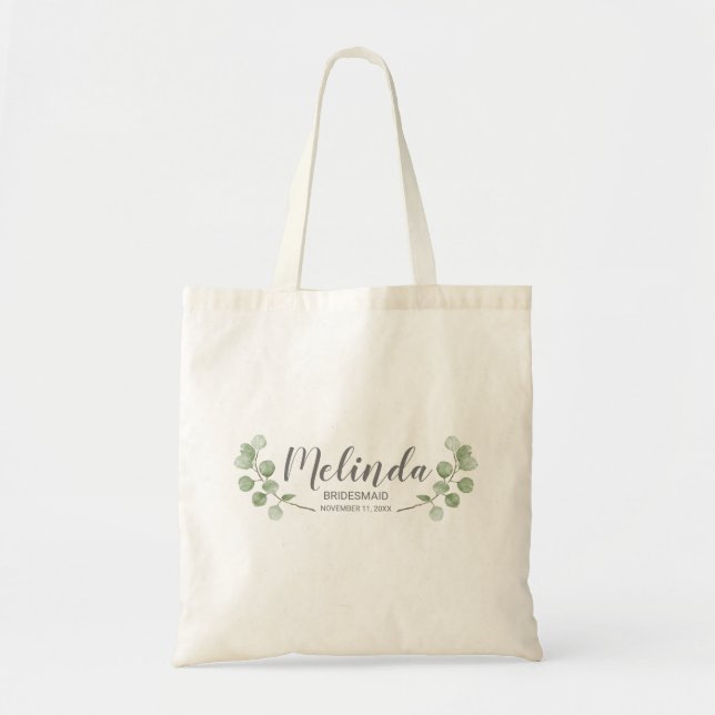 Watercolor Eucalyptus Personalized Bridesmaid Name Tote Bag (Front)