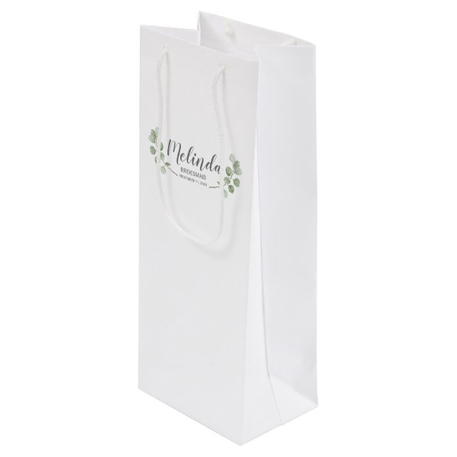 Watercolor Eucalyptus Personalized Bridesmaid Name Wine Gift Bag (Front Angled)
