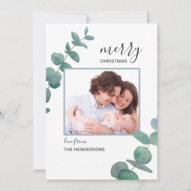 Watercolor Eucalyptus Photo Chrismas Holiday Card (Front)