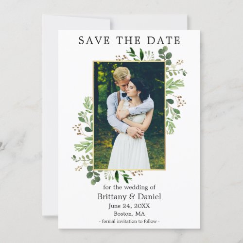 Watercolor Eucalyptus Photo Gold Frame Save The Date