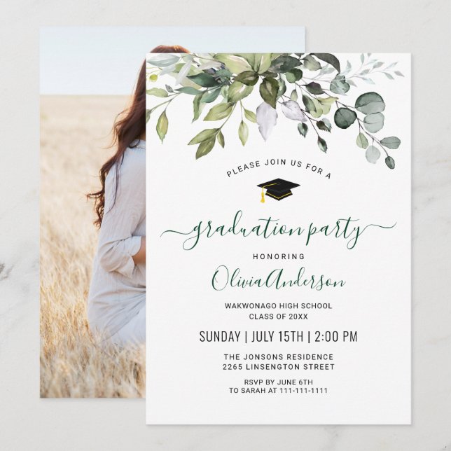 Watercolor Eucalyptus PHOTO Graduation Party Invitation (Front/Back)