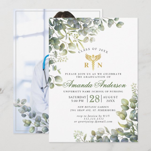 Watercolor Eucalyptus PHOTO Nursing Graduation Invitation (Front/Back)