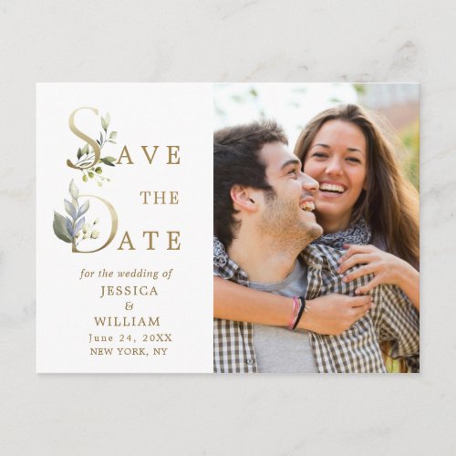 Watercolor Eucalyptus PHOTO Wedding Save the Date Announcement Postcard
