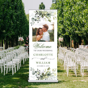 Watercolor Eucalyptus PHOTO Wedding Welcome Retractable Banner