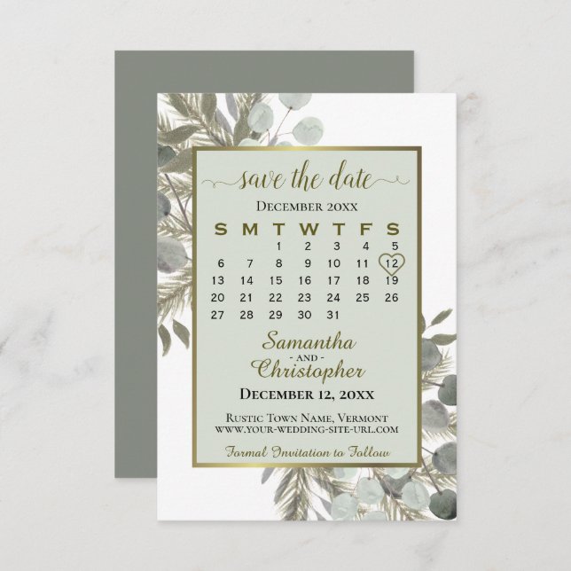 Watercolor Eucalyptus Pine Calendar Sage Wedding Save The Date (Front/Back)