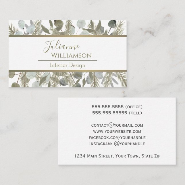 Watercolor Eucalyptus & Pine Sage & Gold Business Card (Front/Back)