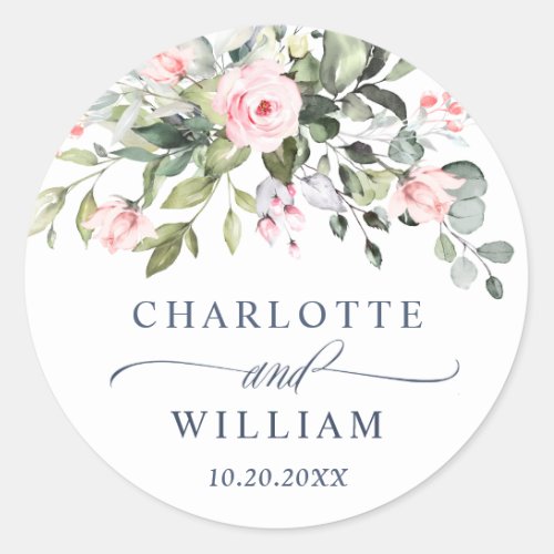 Watercolor Eucalyptus Pink Roses Wedding Thank You Classic Round Sticker