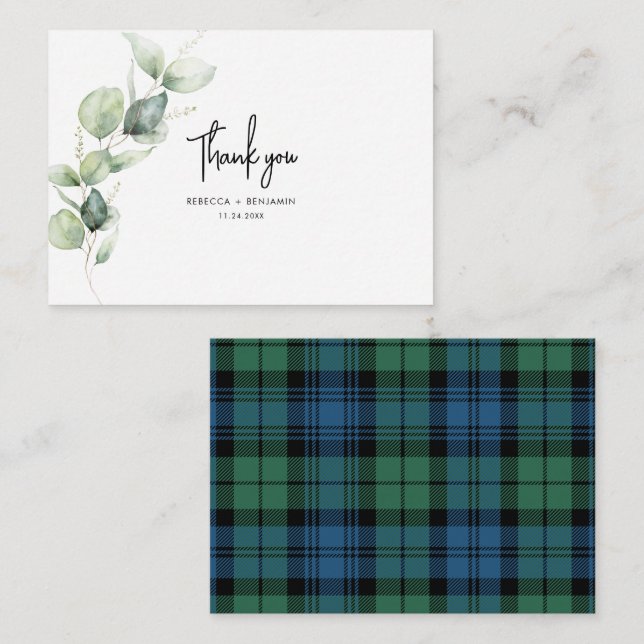 Watercolor Eucalyptus Plaid Wedding Thank You Note Card (Front/Back)