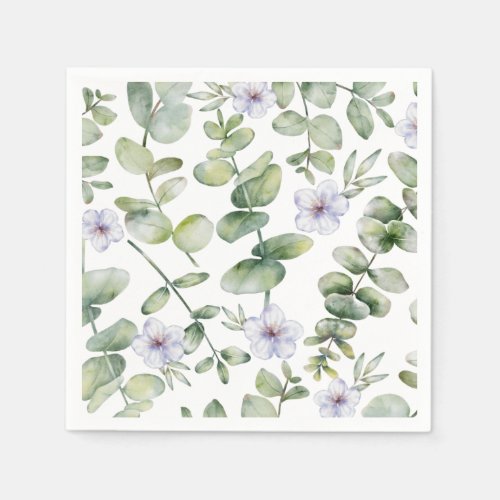 Watercolor Eucalyptus  Purple Flower Pattern  Napkins