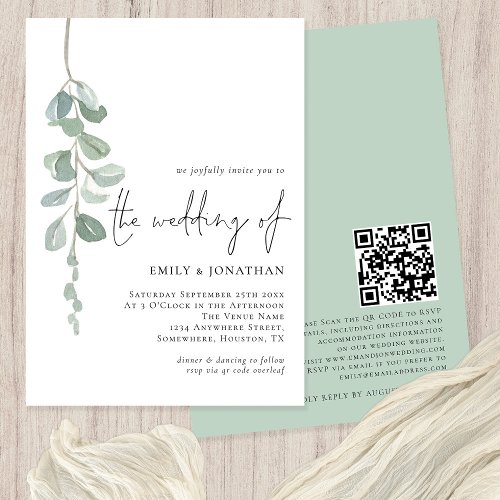 Watercolor Eucalyptus QR Code Sage Wedding Invitation
