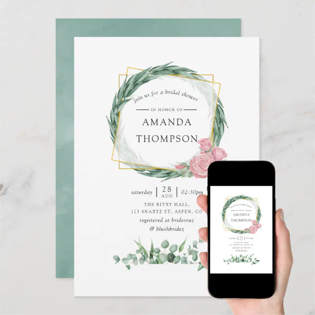 Watercolor Eucalyptus Rose Geometric Bridal Shower Invitation Zazzle 5138