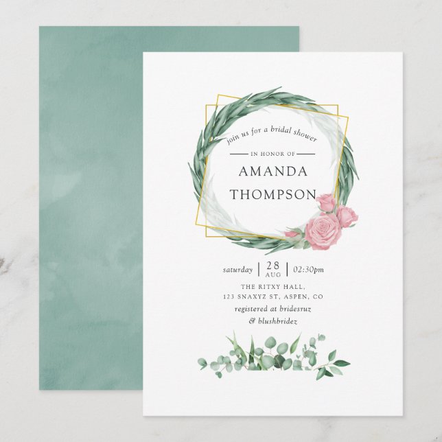 Watercolor Eucalyptus Rose Geometric Bridal Shower Invitation (Front/Back)