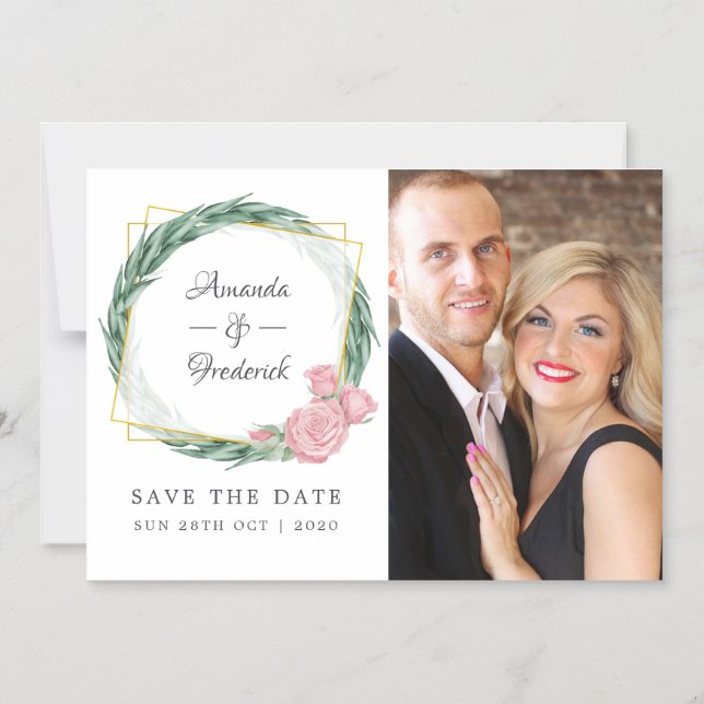 Watercolor Eucalyptus Rose Geometric Save the Date Magnetic Invitation (Front)