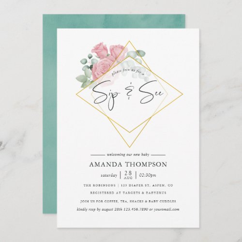 Watercolor Eucalyptus Rose Geometric Sip and See Invitation