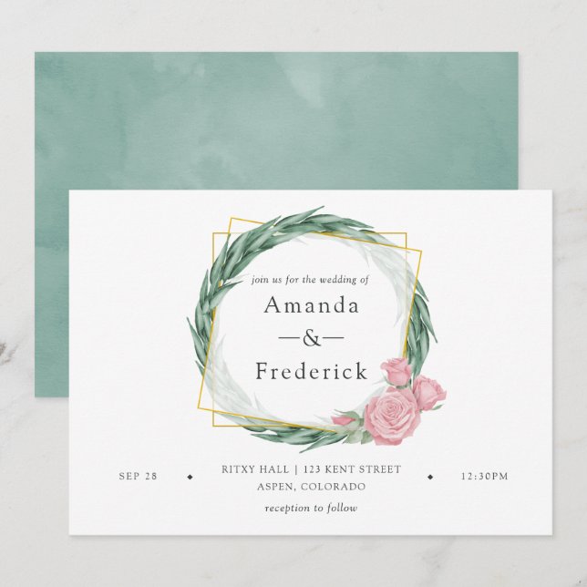 Watercolor Eucalyptus Rose Geometric Wedding Invitation (Front/Back)