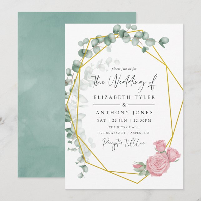 Watercolor Eucalyptus Rose Geometric Wedding Invitation (Front/Back)