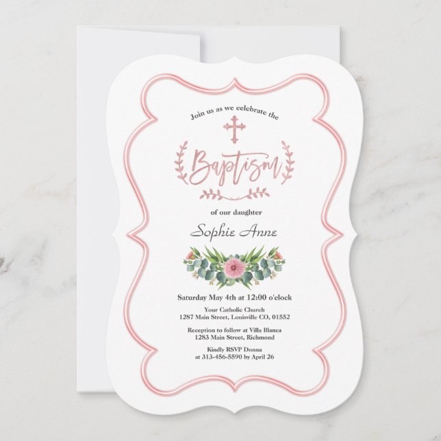 Watercolor Eucalyptus Rose Gold Cross Baptism Invitation (Front)