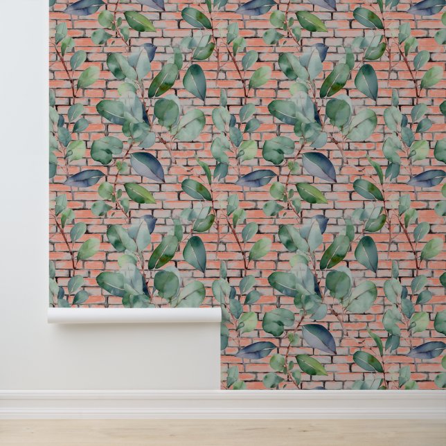 Watercolor Eucalyptus Rustic Brick Leaves Greenery Wallpaper (Application)