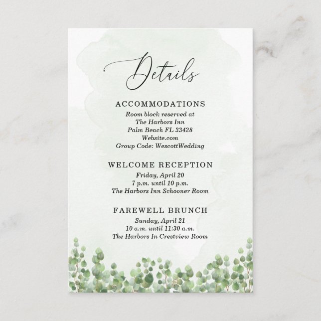 Watercolor Eucalyptus Sage Green Wedding Details Enclosure Card (Front)