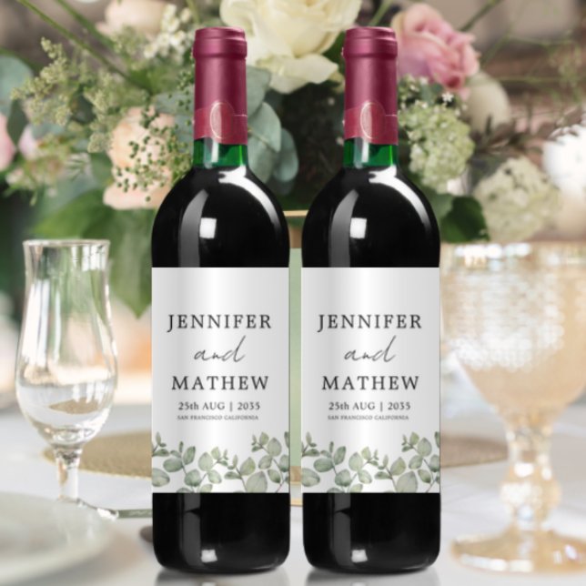 Watercolor Eucalyptus Sage Green Wedding Wine Label (Creator Uploaded)