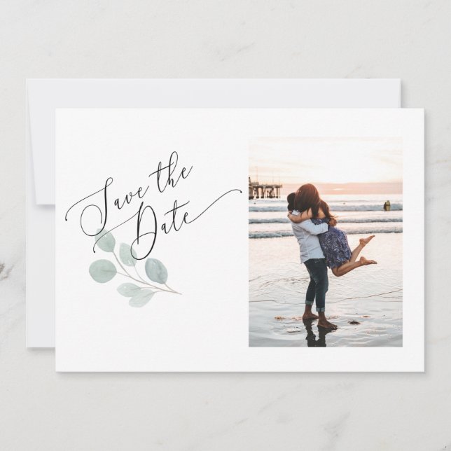Watercolor Eucalyptus Save the Date Photo Card (Front)