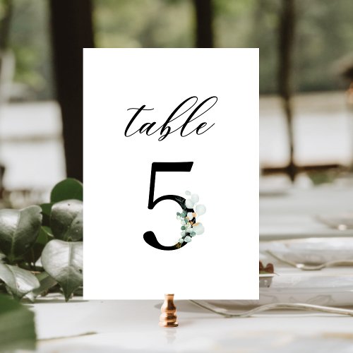 Watercolor Eucalyptus Script 5 Wedding Table Number