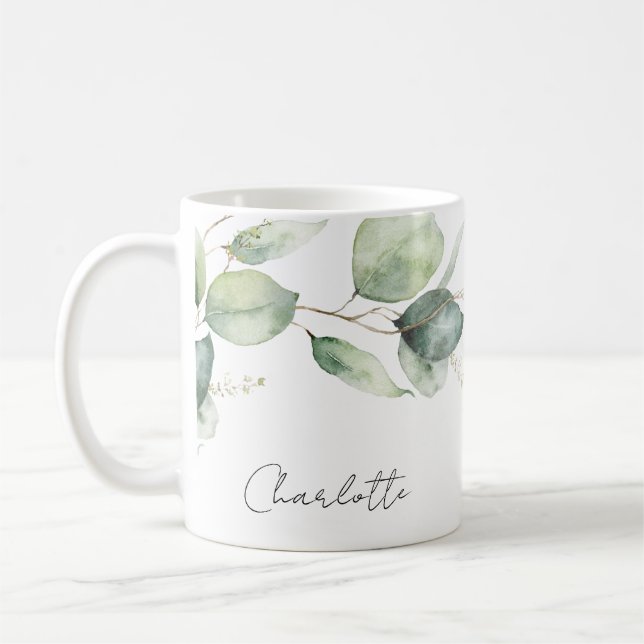 Watercolor Eucalyptus Script Bridal Shower Coffee Mug (Left)