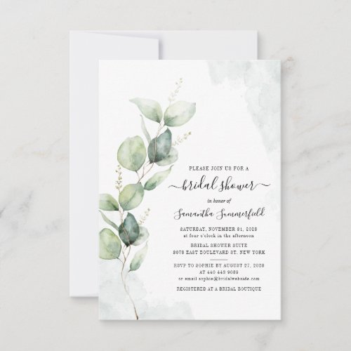 Watercolor Eucalyptus Script Bridal Shower Invitation