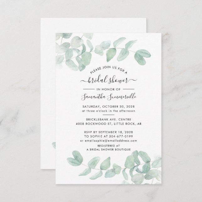 Watercolor Eucalyptus Script Bridal Shower Invitation (Front/Back)