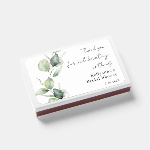 Watercolor Eucalyptus Script Bridal Shower Matchboxes